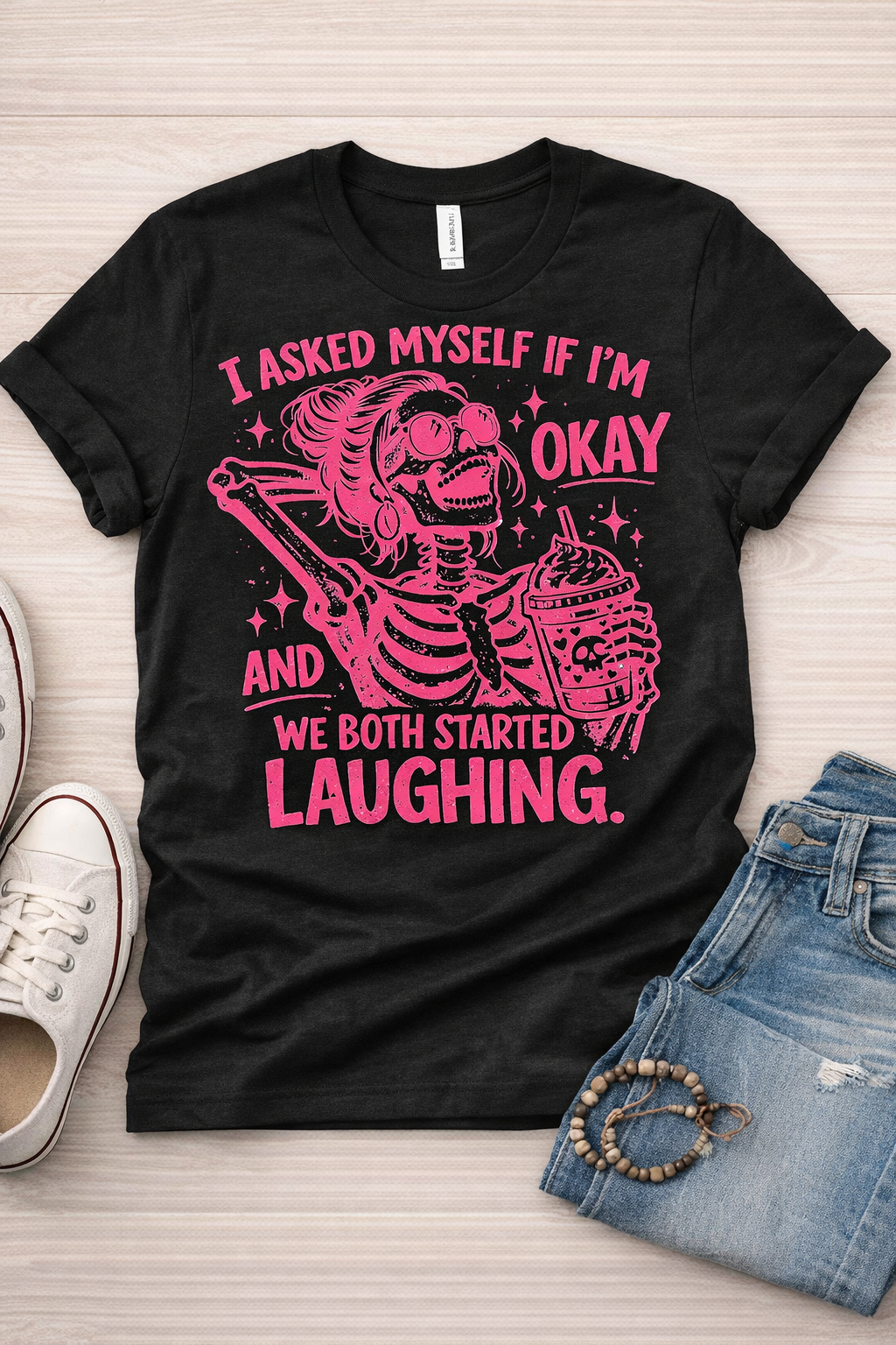 Pink Skeleton T-Shirt – I Asked Myself If I'm Okay Funny Graphic Tee
