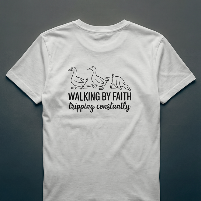 Walking By Faith, Tripping Constantly Funny Christian T-Shirt